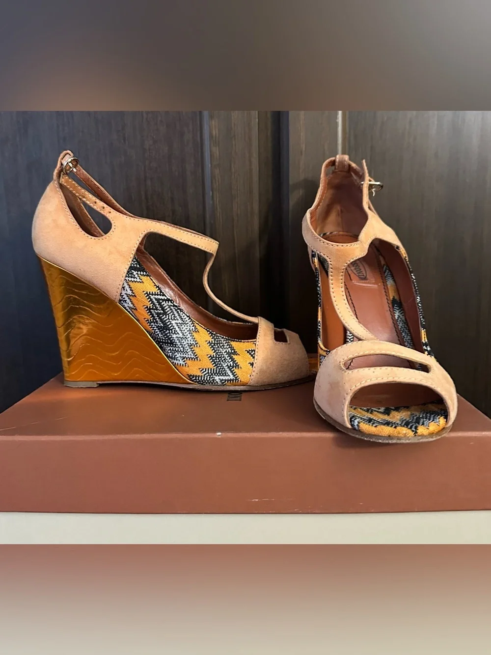 Missoni Tan Suede Wedge Sandals with Yellow Patterned Accent